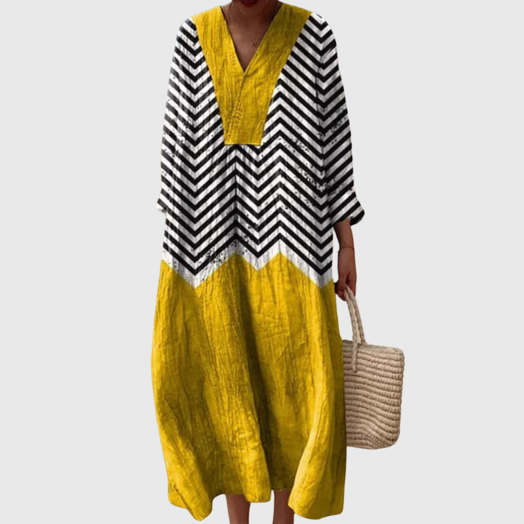 Nola™- Chevron Contrast Relaxed Midi Dress