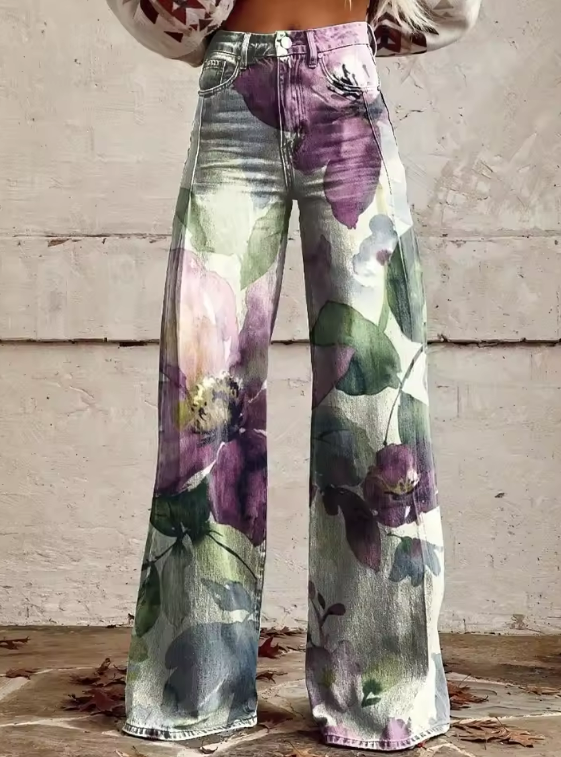 Freya™- Elegant Watercolour Floral Wide-Leg Jeans