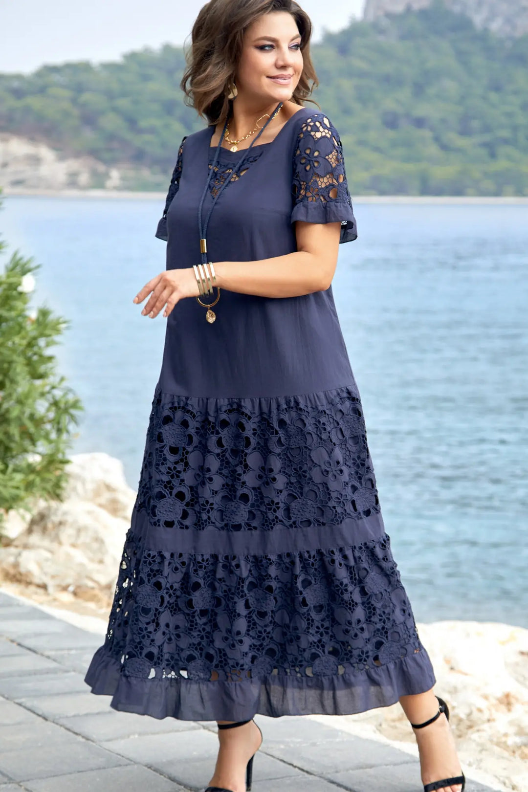Serene™- Navy Blue Lace Maxi Dress
