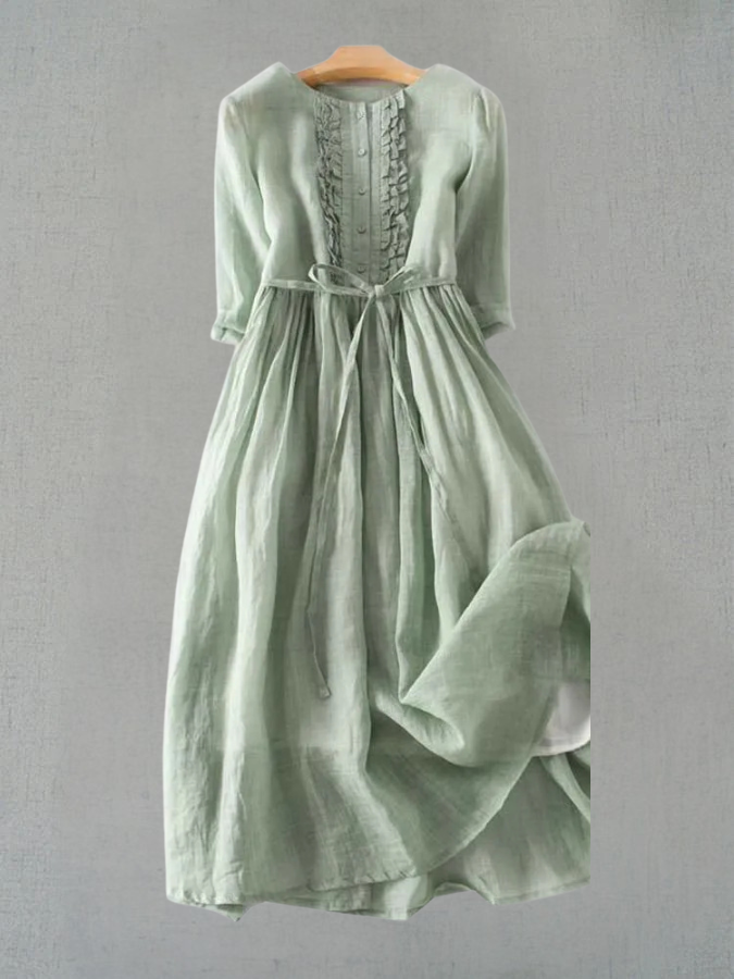 Aryne™- Vintage Lace Up Waist Dress with Round Neck