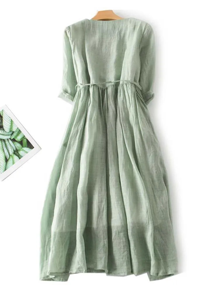 Aryne™- Vintage Lace Up Waist Dress with Round Neck