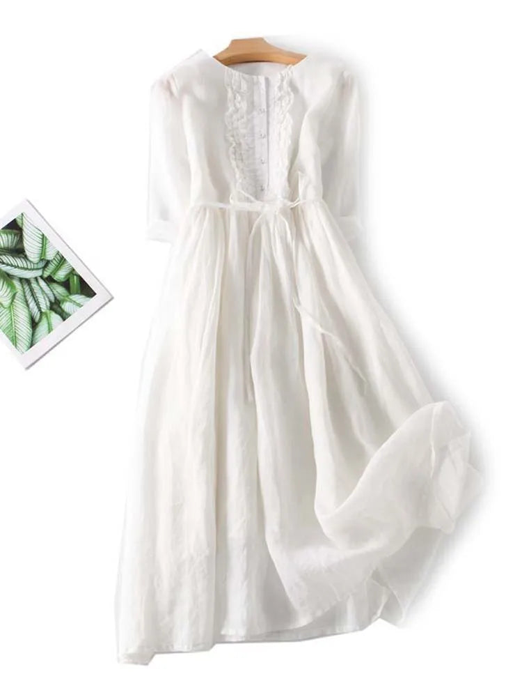 Aryne™- Vintage Lace Up Waist Dress with Round Neck