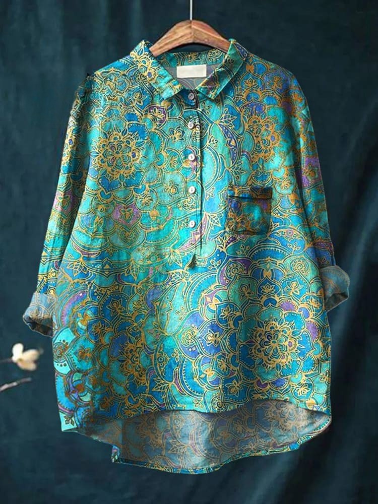 Fideline™- Retro Art Print Casual Cotton And Linen Shirt
